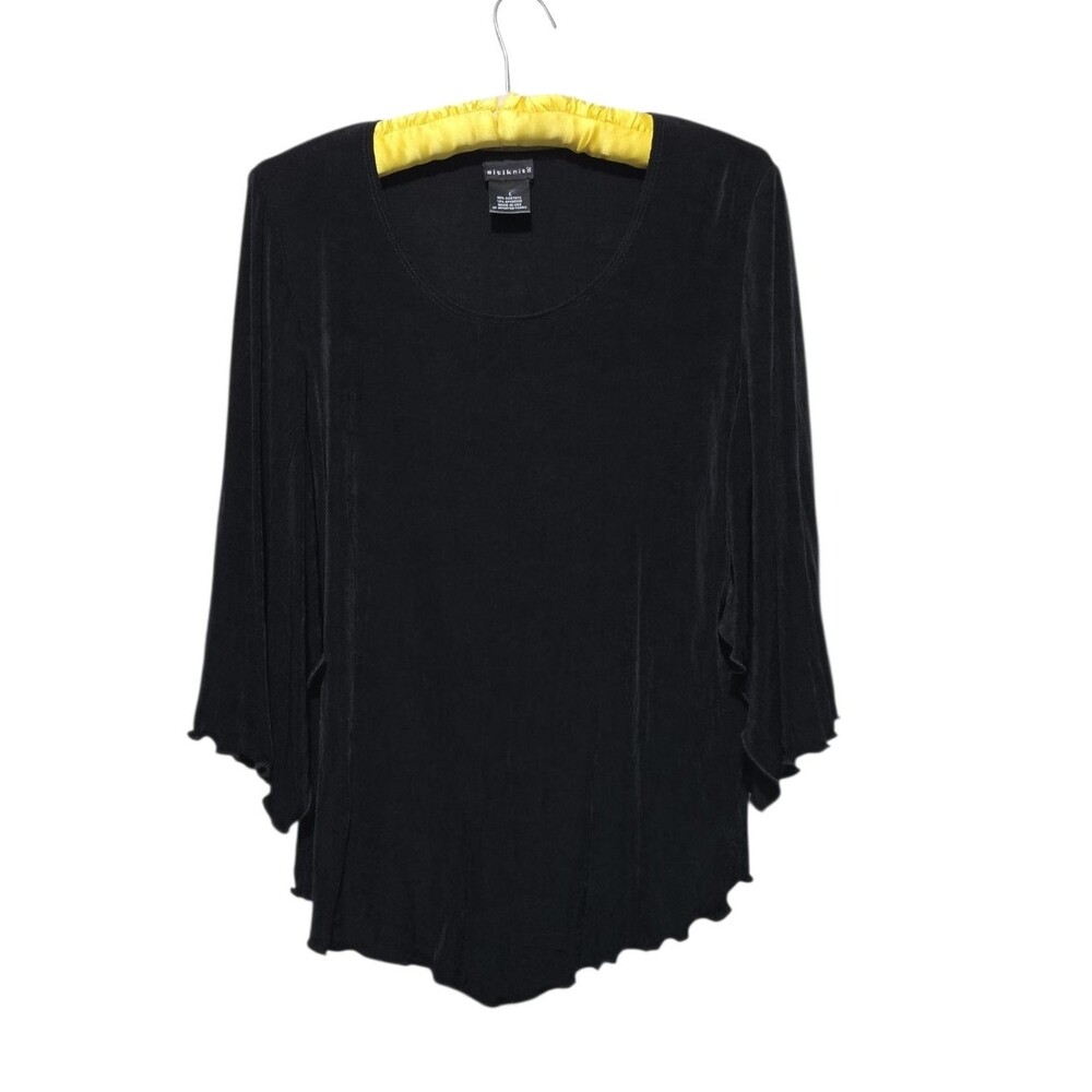 Citiknits Black Scoop Neck Split Sleeve Draped Top Lettuce Edge Pointed Hem Lg
